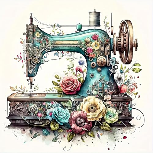 Sewing Machine Stamped Cross Stitch Kit for Adults 13.7x13.7 inches - color: red-70