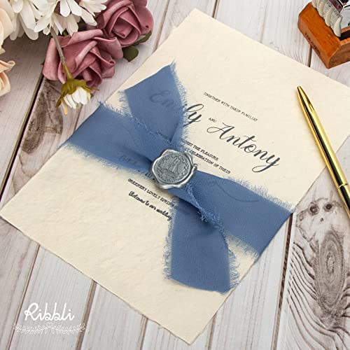 Ribbli Dusty Blue Chiffon Ribbon - 1-1/2 inch x 30 Yard Handmade Fringe Silk Ribbon for Wedding Invitations, Bridal Bouquets, Flower Arrangements - color: Dusty Blue