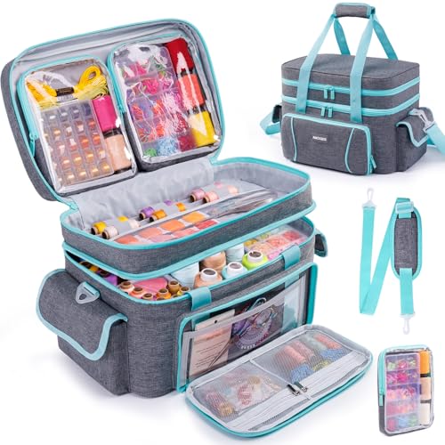 Double-Layer Sewing Organizer Bag with 2 Detachable Pouches and Dividers - color: Grey, size: L-13.5"