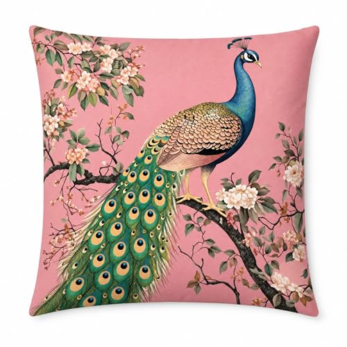 18x18 Pink Chinoiserie Peacock Floral Linen Throw Pillow Cover - color: Pa10051, size: 18" x 18" (Pack of 1)