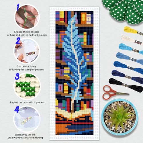 BEUNITONE 6 PCS Cross Stitch Bookmark Kit for Adults Beginners,Fairy Tale Scene Pre-Printed Cross Stitch,DIY Stamped Embroidery Bookmark Kits,with Instructions,Craft Kit for Book Lovers 8.5''x3'' - style: Fairy Tale Scene