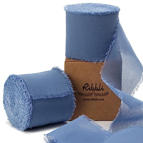 Ribbli Dusty Blue Chiffon Ribbon 2 Inch x 20 Yard Handmade Fringe Chiffon Silk Ribbon Dusty Blue Ribbon for Gifts Wrapping, Wedding Invitations, Bridal Bouquets, Flower Arrangement - color: Dusty Blue, size: 2 inches
