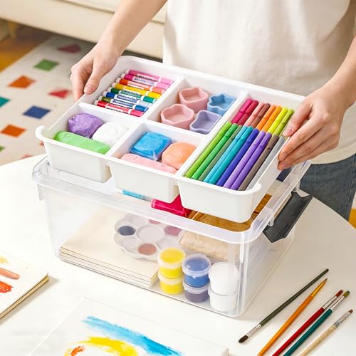 17 Qt Craft Organizers and Storage with Removable Tray and Divider, Clear Craft Storage Box, Stackable Art Supply Organizer for Painting, Coloring Book & Playdoh Storage, 1 Pack - size: 17 Qt - Tray