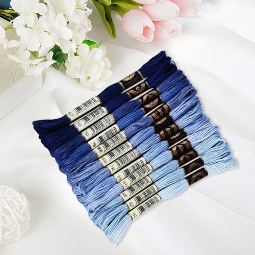105 Yards 12 Skeins Gradient 6 Strands Marine Blue Cross Stitch Thread Polyester Variegated Embroidery Floss Friendship Bracelet String Assorted Bulk for Hand Sewing Making Knitting Supply - color: Marine Blue Color