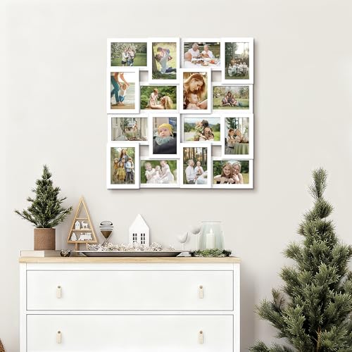 J.M.Deco Collage Picture Frames for Wall 16 Opening, Large Photo Frame Collage Wall Hanging for 4x6 Photo, Reunion Friends Family Memory, Christmas Gift -Pure White - color: White, size: 16 Opening