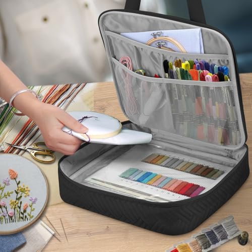 FINPAC Embroidery Bag, Cross Stitch Storage, Square Quilted Tote Organizer - color: Black