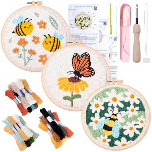 Punch Needle Kit for Adults Beginners - 3 Sets DIY Embroidery Starter Kit - color: 01-bees