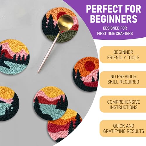 Punch Needle Coasters Kit for Beginners Adults, 6 Pattern Embroidery Scenery Punch Needle Kits, Scenery Punch Decoration DIY Kit with Patterns, Tools, Yarns, Hoop, Instruction Art Craft Supplies