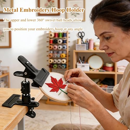 PXIRQ Embroidery Hoop Stand Hands-Free: 360° Rotation Adjustable Table Metal Clamp for Cross Stitch, Needlepoint, Punch Needle & DIY Crafts – Compatible with Most Sizes/ Shapes of Embroidery Hoops
