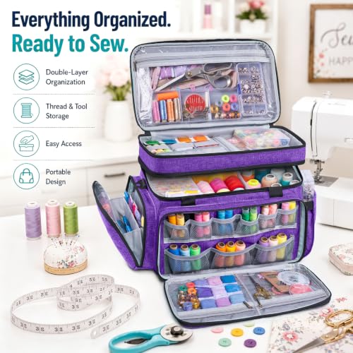 AMOIGEE Double Layer Sewing Organizer Bag with 2 Clear Storage Sewing Boxes - color: Purple