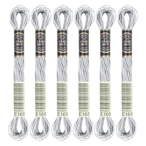 6 Skeins Embroidery Thread, Metallic Silver Embroidery Floss Friendship Bracelet String, Polyester Cross-Stitch Threads Friendship Bracelet String for Hand Embroidery, String Art - color: silvery