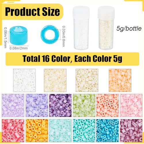 SUNNYCLUE 80g 16 Colors 12/0 Seed Beads Bulk 2mm Cylinder Glass Seed Beads Colorful Candy Small Round Loose Spacer Bead for Jewelry Making Supplies Friendship Bracelet Necklace Earrings