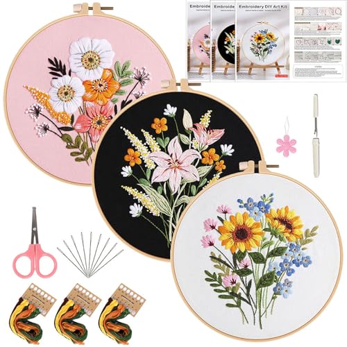 FEIYUENO 3 Sets Flowers Embroidery Kit for Beginner Adults (Floral) - color: Floral