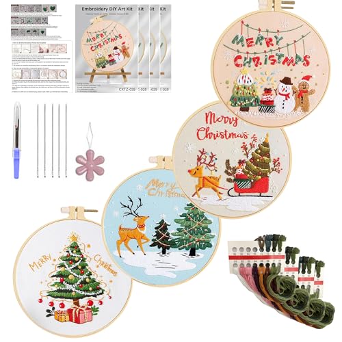 Huacan Embroidery Kits for Adults Beginner 4 Pcs Stamped Christmas Tree Pattern Stitching DIY Sewing Kit 7.9 x 7.9 Inch - color: Christmas Tree 1