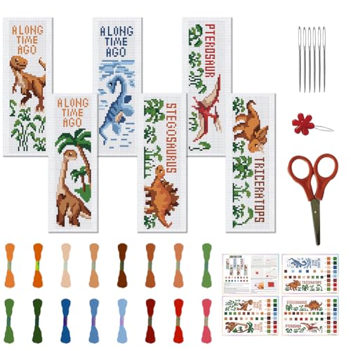 FREEBLOSS 6 Set Cross Stitch Bookmark Kit Cartoon Dinosaur Stamped Cross Stitch Kits for Beginners DIY Embroidery Bookmarks DIY Bookmark Kit for Adults Gift 6 * 20CM - style: Cartoon Dinosaur