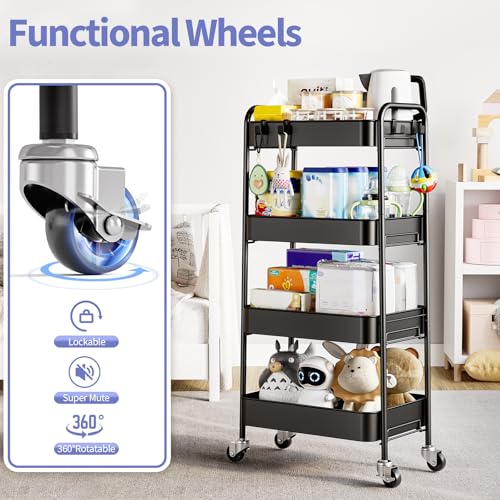 TOOLF 4 Tier Metal Rolling Cart, Utility Storage Cart with Wheels, Black - color: Black, size: 4-Tier