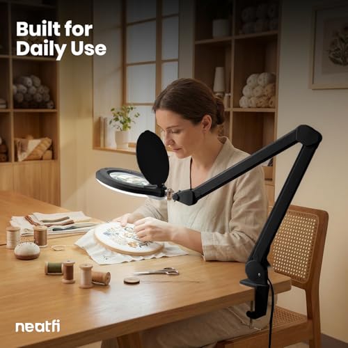 Neatfi Elite Super LED Magnifying Lamp with Clamp – 6” Glass Lens, 5D/12D Bifocal, 6500K Daylight | Glare-Free, Nonpolar Dimming | Reading, Crafting & Precision Work (6 Inch Lens, Black) - color: Black, size: 6 Inch Lens