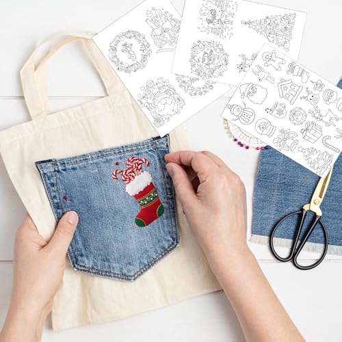 Water Soluble Stabilizer Embroidery Pattern - Christmas Stick & Stitch Embroidery Paper Wash Away, Wreath Snowmen Hand Sewing Patterns for Jean Bag T-Shirt (4 Sheets) - style: Xmas022