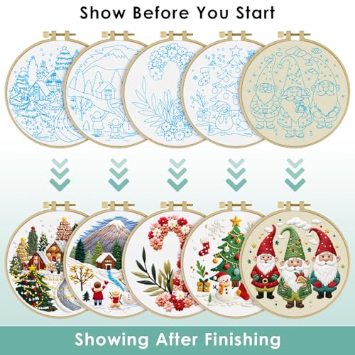 ERKOON Embroidery Kit for Beginners, 5 Sets Christmas Cross Stitch Set for Adults Include Embroidery Cloth Hoops Threads for Craft Lover Hand Stitch with Skill Techniques (Christmas#2) - color: Christmas#2