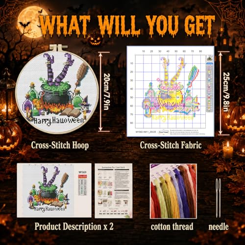 Halloween Stamped Cross Stitch Kits for Adults Beginners with Hoop Frame - color: Halloween Cross Stitch with Framed