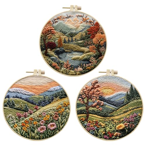 EUBUY Landscape Embroidery Kits for Beginners, Embroidery Kits for Beginners Adults, Beginners Embroidery Starter Kit with Pattern, Needle Thread DIY Embroidery Material Kit - color: Type 3