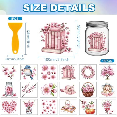 GLOBLELAND 18 Sheets Peach Blossom Flower Transfer Stickers 3.9x3.6inch - style: Peach Blossom