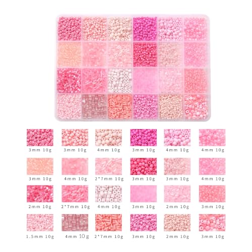 24 Grid Pink Glass Seed Bugle Tube Beads Kit for Jewelry Making DIY Craft - color: pink, size: 24 Grid
