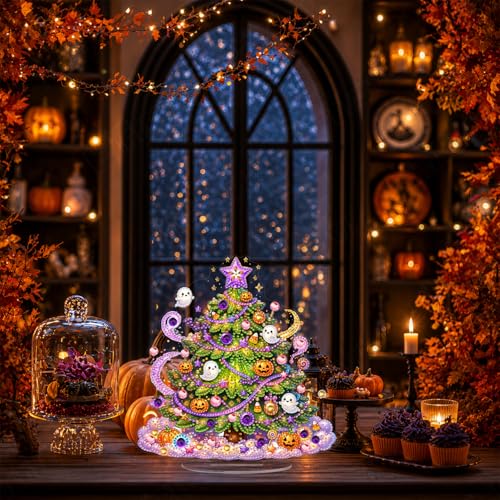 Eiflow Halloween Diamond Art Tabletop Kit for Adults Pumpkin, DIY Table Top Diamond Art Painting with Stand, Acrylic Stand Up Gem Painting Board Kit (Halloween Tree) - color: Halloween Tree