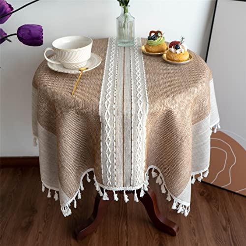 Gernaice Farmhouse Striped Tassle Small Tablecloth Heavy Duty Linen Fabric Wrinkle Free Tablecloths Square Embroidery Table Cloth for Kitchen Dining Party Patio Christmas Square Brown 36x36 Inches - color: Brown Striped-b