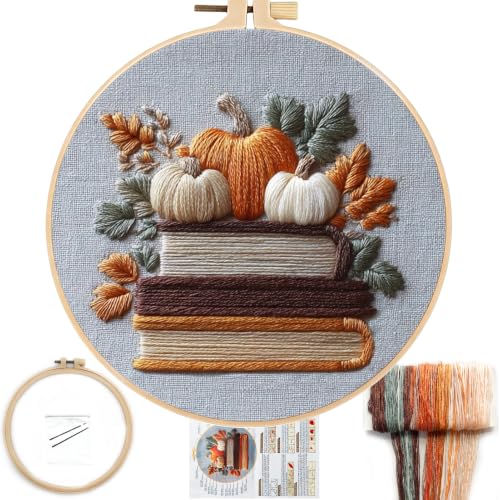 FONNUY Fall Embroidery Kit, Handmade Autumn Wreath Pre-Stamped Pattern for Beginners, Thanksgiving Harvest Home Decor, 8'' Hoop (Pumpkin Book) - color: Pumpkin Book