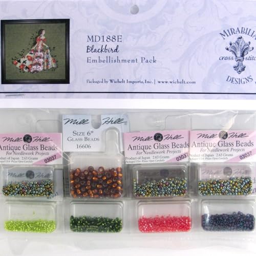 Mirabilia Blackbird Kit Beaded Counted Cross Stitch by Nora Corbett Designs MD188 (Bundle: Chart, Beads, Silk Floss)