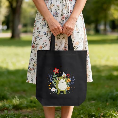 ERKOON Canvas Tote Bag Embroidery Kit for Beginners, Needlepoint Arts Crafts Cross Stitch Kits for Adults Including Stamped Embroidery Bag with Hoops, Needle, Instruction and Color Threads (Frog) - color: Frog