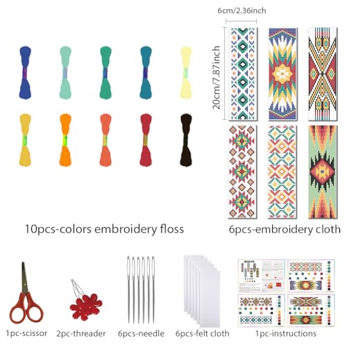 FREEBLOSS 6PCS Cross Stitch Bookmark Kit Stamped Floral Cross Stitch Bookmarks Kit for Beginner DIY Stamped Embroidery Bookmark Kit Cross Stitch Projects for Book Lovers - style: Aztec patterns