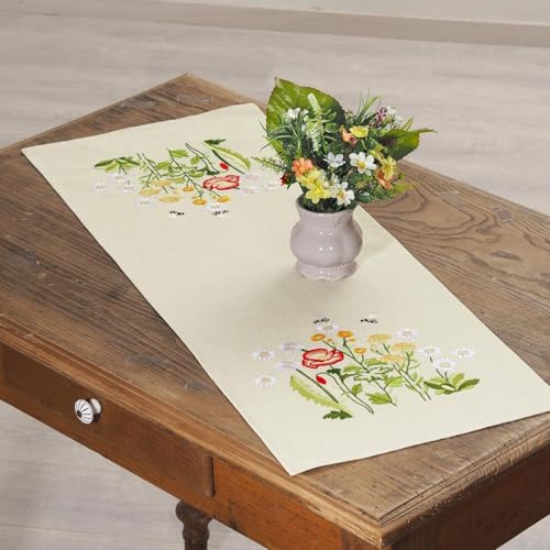 Leisure Arts Table Runner 15"X42" Ecru Poppies, Kitchen Table Runner, Embroidery Kit, Kitchen Runner, Cross Stitch Kits for Beginners, Embroidery Patterns, Fabric