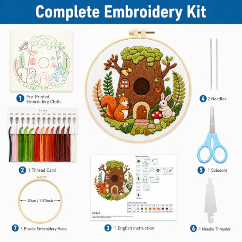 Zhenqing Treehouse Friends Embroidery Kit for Beginners, Woodland Animal Needlework Kit with Pre-Printed Cotton Fabric, Hoop, Threads & Tools, Nursery Decor (C0142) - color: Treehouse Friends