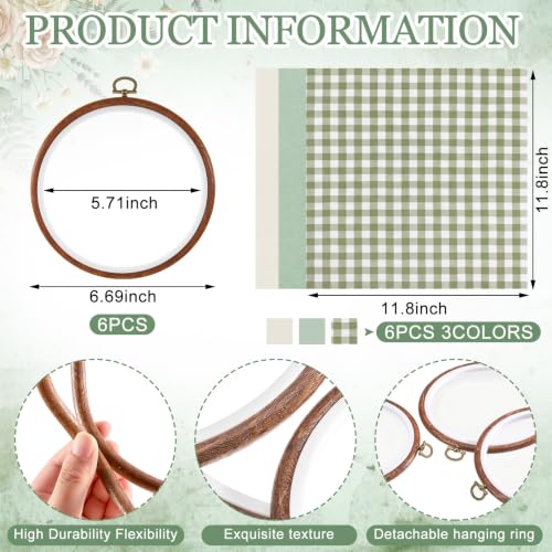 Tudomro 12 Pcs Decorative Embroidery Hoop with Fabric Set 6.7" Round Imitated Wood Cross Stitch Frame & 11.8" Green Pre-Cut Cloth Squares for DIY Art Craft Sewing Hanging Ornament - color: Sage Green