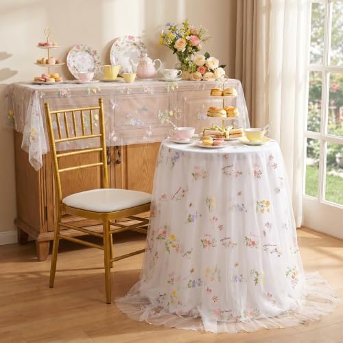 White Gauze Tablecloth 60"x120" Rectangular Wildflower Floral Tulle Overlay - color: White, size: 60"x120", 1 Pc