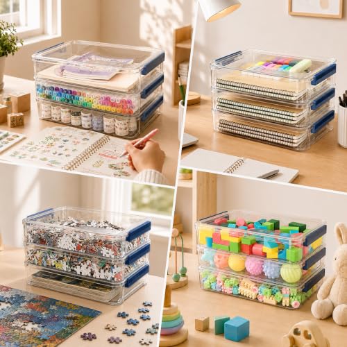 CATOOMUU 2-Pack 9x13 Clear Plastic Project Case Stackable Storage Box - color: Large-Blue