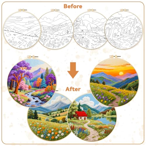 BEUNITONE 4 Set Fairy Tale Landscape Embroidery Kit for Beginners 7.9"x7.9" Pre-Stamped Pattern Needlepoint Kits with Hoop, Tools & Instruction, Handamde Embroidery Kits for Fabric and Home Decor - style: C-Natural Scenery
