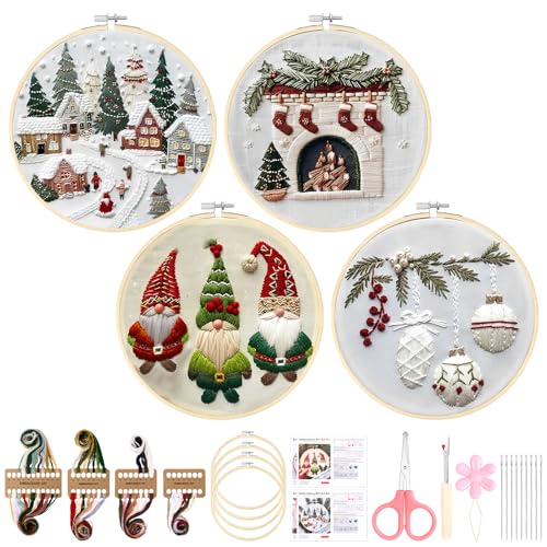 Christmas Embroidery Kit for Adults & Beginners - Gnomes & Cross Stitch Patterns, Cotton, Threads, Needles & Instructions (4 Pcs) - color: 4 Pcs, Village+Fireplace+Gnomes+Holly