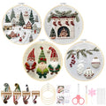 Christmas Embroidery Kit for Adults & Beginners - Gnomes & Cross Stitch Patterns, Cotton, Threads, Needles & Instructions (4 Pcs) - color: 4 Pcs, Village+Fireplace+Gnomes+Holly