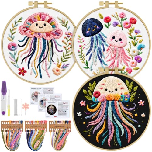 ERKOON 3 Sets Embroidery Kit for Adult, Hummingbird Cross Stitch Set for Beginner Include Embroidery Cloth Hoops Threads for Craft Lover Hand Stitch (Jellyfish) - color: Jellyfish