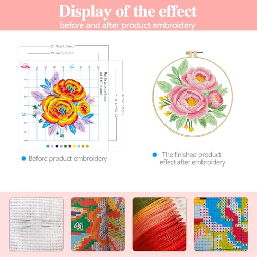 Zhenqing Pink Peony Cross Stitch Kit for Beginners - Complete Set with Pre-Printed 11CT 24x24cm Fabric, Hoop & Threads(70357) - color: 70357