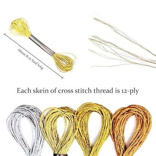 12 Skeins Metallic Embroidery Floss, Gold and Silver Embroidery Thread