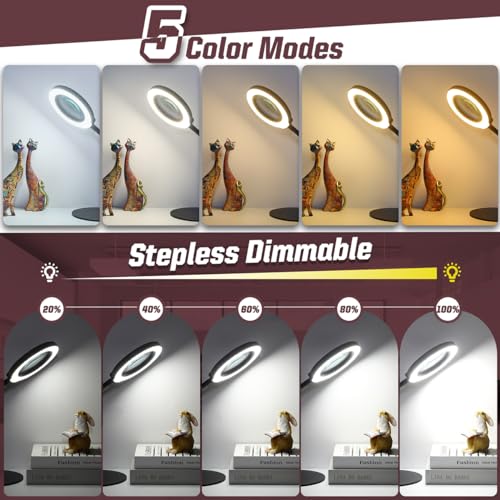 10X Magnifying Glass with Light and Stand, 16.5in Flexible Goose-Neck, 5 Color Modes Stepless Dimmable LED Lighted Desk Lamp, Hands Free Magnifier for Crafting Hobby Painting Close Work - Black - color: Black, size: 10X-16.5in