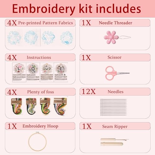 Vereela Embroidery Kit for Beginners Adults, 4 Pack Stamped Embroidery Starter Kit with Flower and Love Patterns, Hoops, Threads, Needles, Scissors and Instructions, DIY Craft Gift for Women Teens - color: white