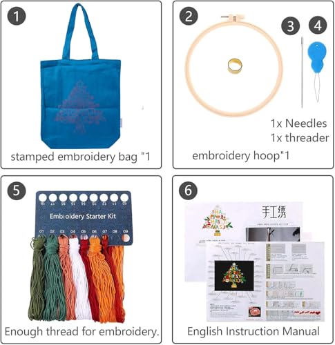 CREAWONDER Canvas Tote Bag Embroidery Kit with Pattern for Beginners, Arts and DIY Embroidery Crafts Kits for Adults, Include Instructions, Thimble, Embroidery Hoops, Color Threads and Tool - color: CR002 Christmas tree darkblue