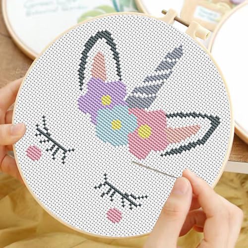 TCDZMYGS Stamped Cross Stitch Kits for Beginners-Cute Animal,with Hoop - color: Rainbow Horse-2603