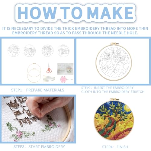 FREEBLOSS 5 Sets Embroidery Kit for Beginners Needlepoint Embroidery Starter Kit with Oil Painting Style Stamped Patterns, Instructions, Colored Threads, 2 Hoops 11.6"/29.5cm