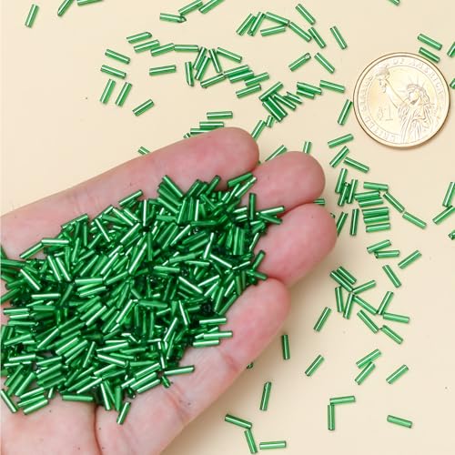 2000pcs Glass Bugle Beads, Tube Beads Bulk, Mini Long Tiny Small Waist Loose Spacer Embroidery Beaded for Bracelets Jewelry Making Sewing, Crafts, 2×6mm, Green - color: Green
